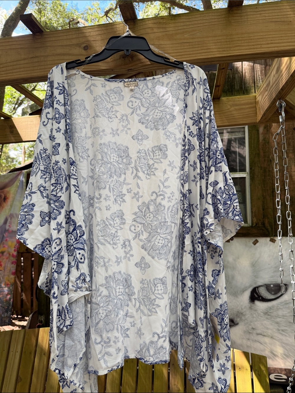 White and Navy Floral Open-Front Kimono 3x